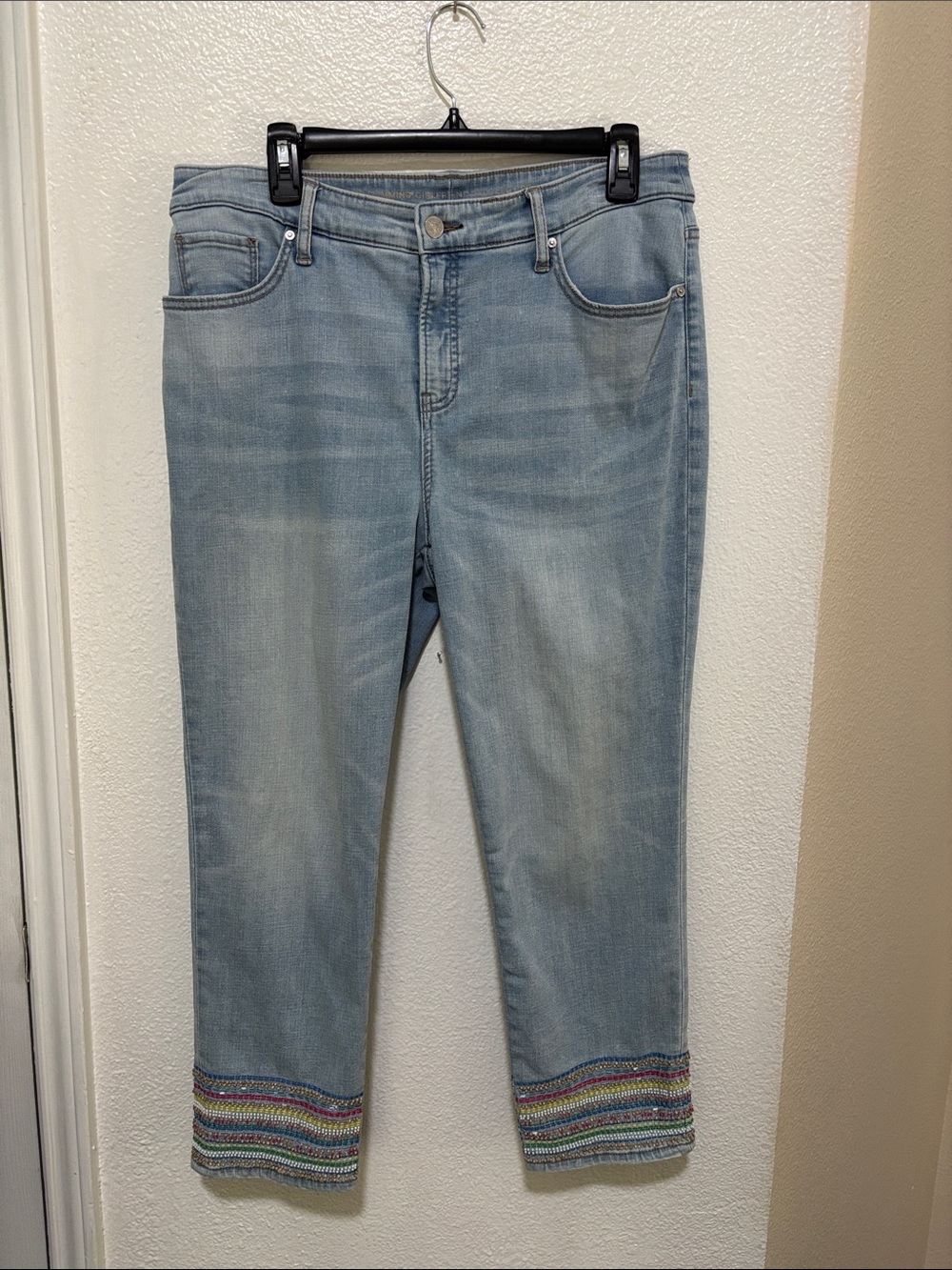 Chico's So Slimming Girlfriend Slim Leg Crop Light Blue Jean Beaded Trim Sz 10